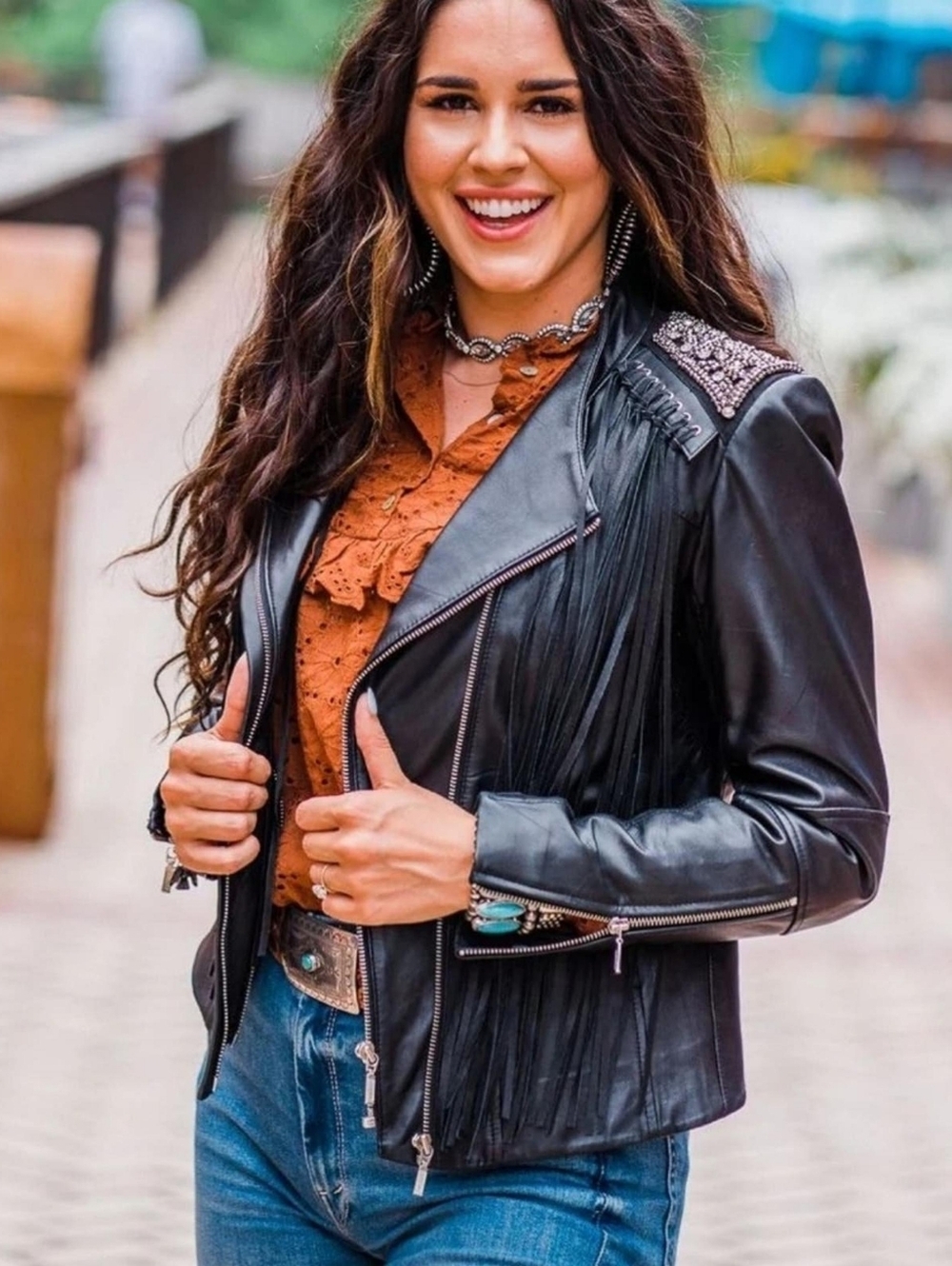 Scully beaded fringe black leather jacket moto style size large NEW NWT